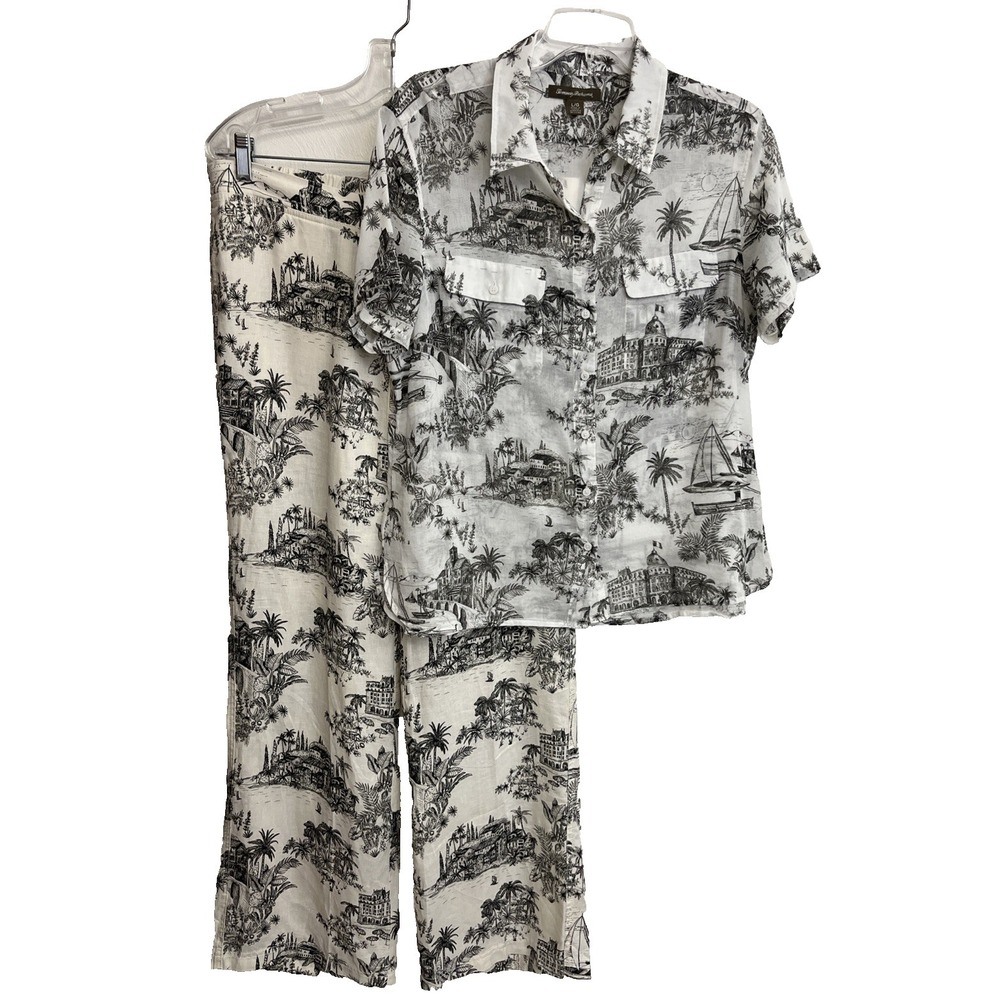 Tommy Bahama Palm Voyage Linen Set Shirt & Pants Women's L/12 Coastal Tropical